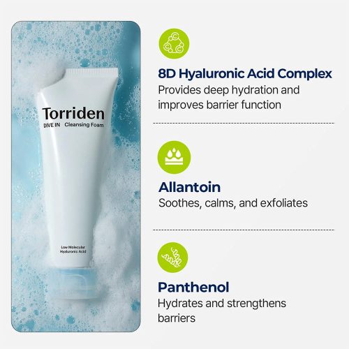 فوم شستشوی هیالورونیک اسید ریز مولکول توریدن آبرسان و مرطوب کننده پوست Torriden Dive In Low Molecular Hyaluronic Acid Cleansing Foam